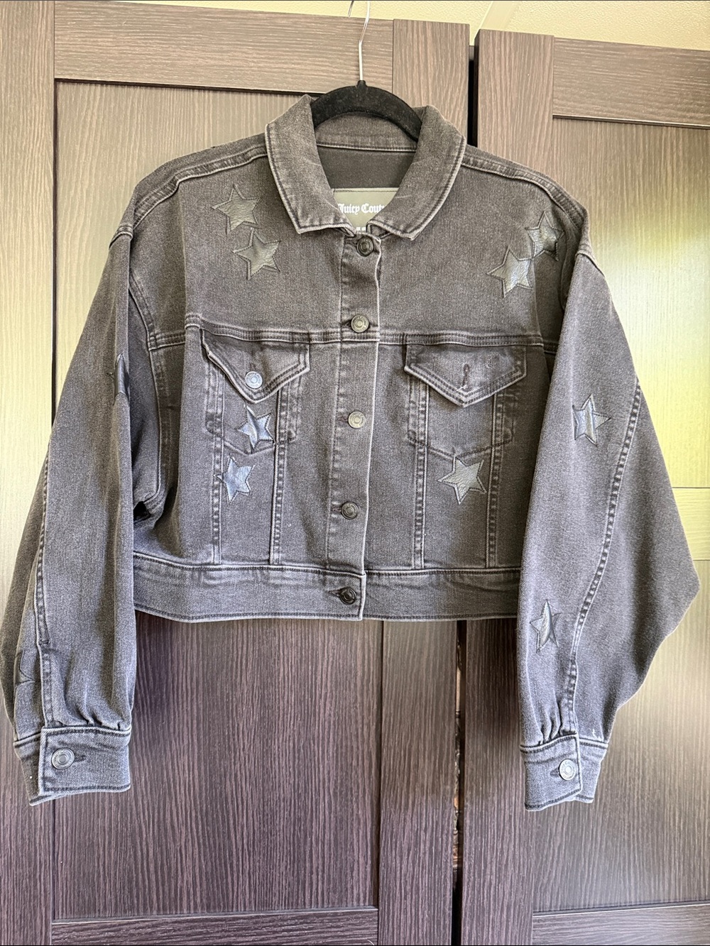 Juicy Couture Washed Black Star-Appliqué Cropped Denim Jacket